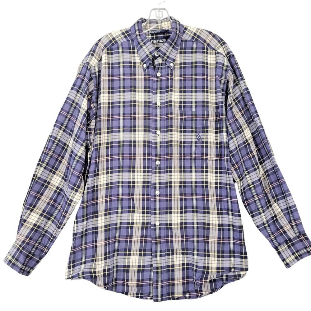 Nautica Blue Plaid Shirt Size L Long Sleeves Button Down Collar Men's Casual Top
